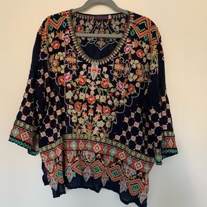 Johnny Was Navy Blue Floral Embroidered Top